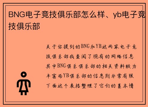 BNG电子竞技俱乐部怎么样、yb电子竞技俱乐部